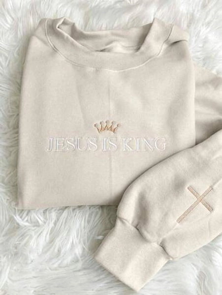 Lalippa Women Casual Crew Neck Sweatshirt With "Jesus Is King" Christian Faith Embroidery Design, Autumn/Winter Graduation,Back To School Outfits,Graduation,Teacher Outfits For Women,Back To School Pullover Fall Outfit