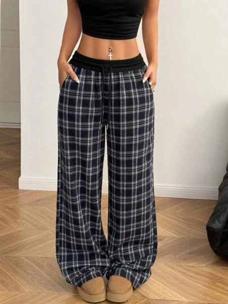 Coolane Women's Fall/Winter Back To School Going Out Basic Vintage Casual Loose Checked Wide Leg Pants