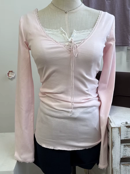 Pink Lace Trim Long Sleeve Tee Women