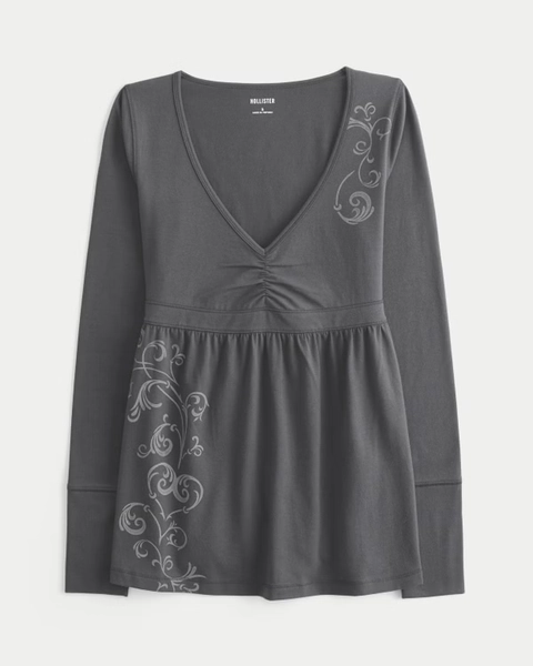 Long-Sleeve Pinch Bust Graphic Babydoll Top