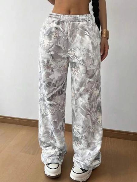 SHEIN Tween Girl Casual Drawstring Waist Bare Branch Print Loose Sweatpants, Back-To-School, Cool Basics, Versatile Daily Wear Autumn/Winter Fall
