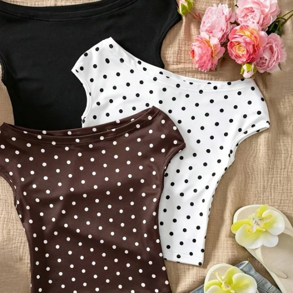 Multicolor Polka Dot Off-Shoulder T-Shirt Tween Girls Graphic Tees Slim Fit Boat Neck Geometric Pattern Cute Summer Vacation Top Fitted 3-P,12Y