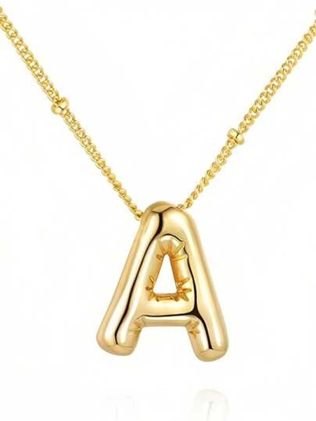 1pc Gold Plated Stainless Steel Chunky Alphabet Balloon Bubble Initial Letter Pendant Necklace For Women Men Personalized Fashion Jewelry