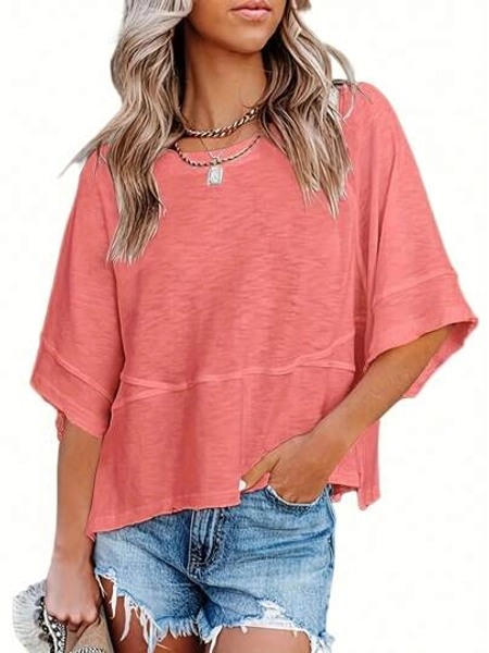CZANZD Women's Summer Casual Crewneck Batwing 3/4 Sleeve T-Shirts Solid Color Loose Fit Cute Basic Flowy Tops Tees Blouses