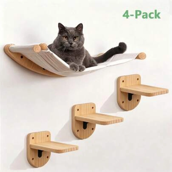 Cat Wall Shelf & Step Set (4-Piece) - Includes One Cat Hammock And Three Cat Steps - Size Cat Hammock + 3 Steps