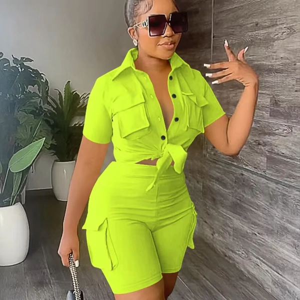 Streetwear Two Piece Set for Women Summer Outfits Pockets Short Sleeve Button-Up Shirt Top Short Sets Party Club Matching Sets - AliExpress 200000345
