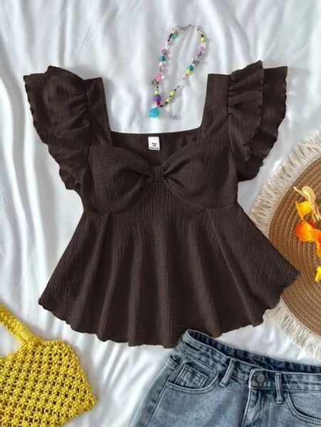 SHEIN Teen Girl Summer Sunshine Sweet Casual & Comfortable Ruffle Sleeve Jacquard Knit T-Shirt, Homewear, Cute, Suitable For Parties, Valentine's Day Dark Brown Babydoll Blouse Girls Brown Ruffle Top Teen Girl Babydoll Top Brown Textured Babydoll Top Babydoll Top With Sleeves