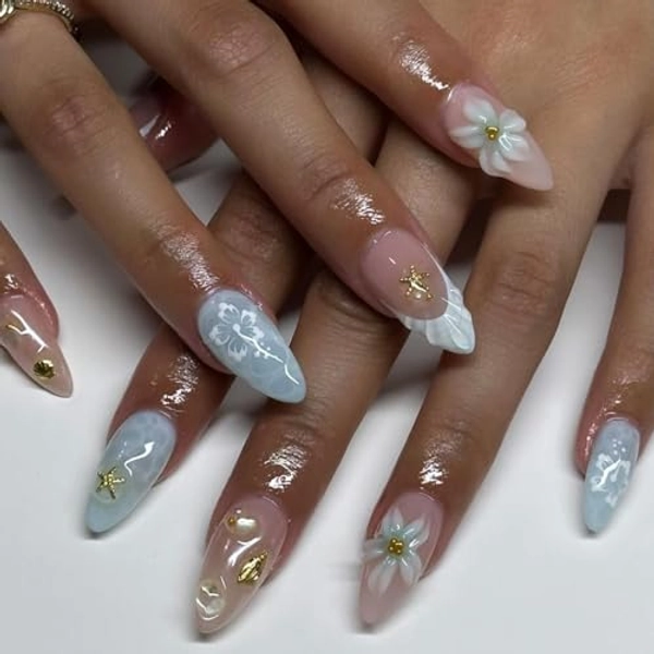 Almond Press on Nails Medium Fake Nails 3D Flower French Tip False Nails Stick on Nail Water Ripple Glossy Glue on Nails Gold Starfish Floral Full Cover Artificial Acrylic Nail for Women Kit 24PCS