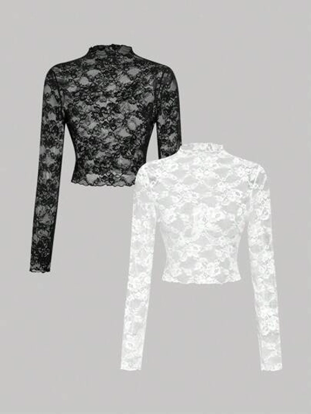 SHEIN MOD Women's 2pcs Women's Lace See-Through Long Sleeve White &Black Top,Fall / Winter Clothes For Women,Halloween,Party,Elegant,Goth,Chic,Blusas Femininas Elegante