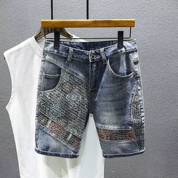 High-end Korean Luxury Clothing Splicing Denim Shorts Men's Trendy Brand Slim Embroidered Korean Fashion Casual 1/2 Medium Pants - AliExpress 200000343