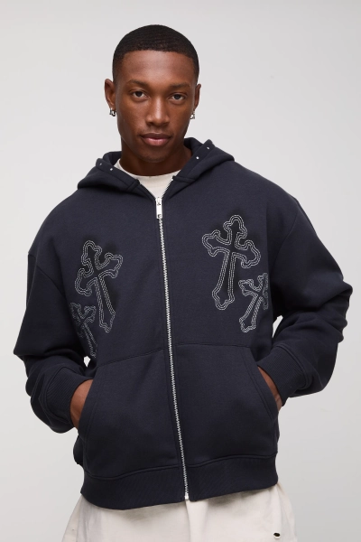 Oversized Boxy Cross Embroidered Zip Through Hoodie