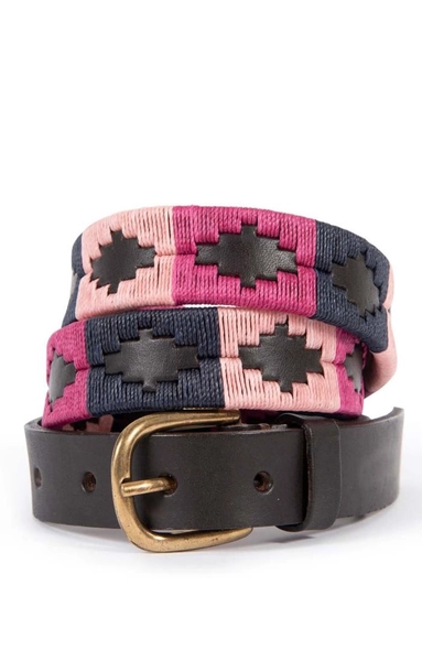 Ladies Pioneros Narrow Brown Polo Belt Berry/Navy/Pink
