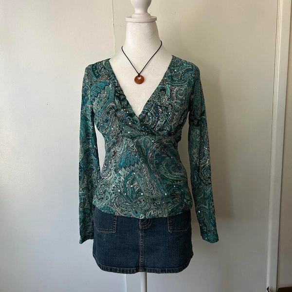 Green paisley long sleeve top with sparkly sequins...
