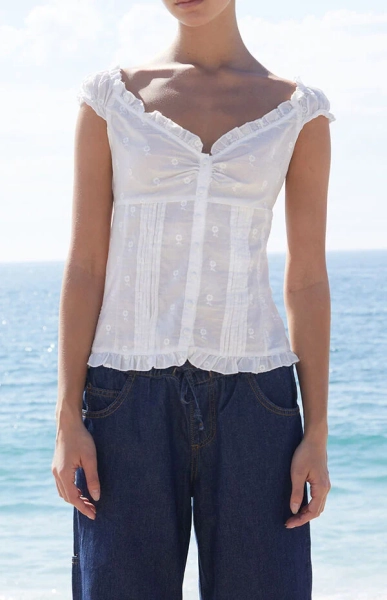 White Floral Embroidered Elena Top