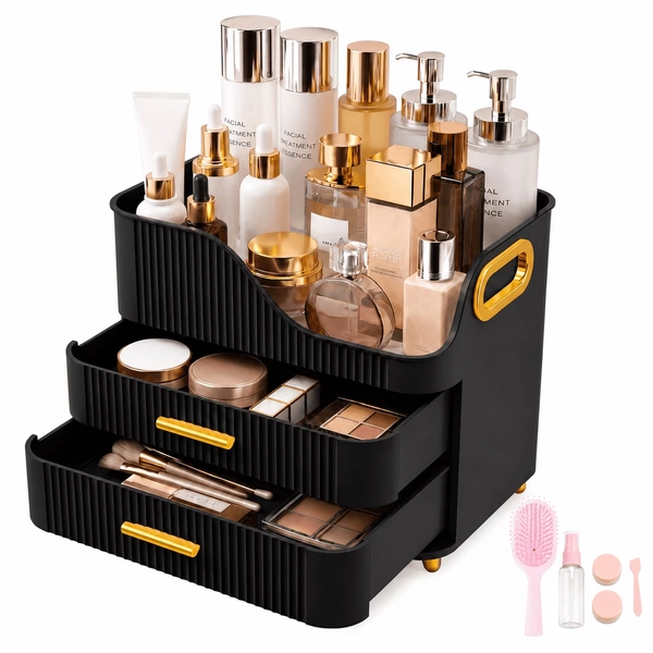 Countertop Makeup Organizer with Drawers, 3 Tier Cosmetic Storage Box with Beauty Accessories Set, Vanity Bathroom Counter Dresser Skincare Display Case for Lipsticks, Beauty Palettes, Black - Walmart.com