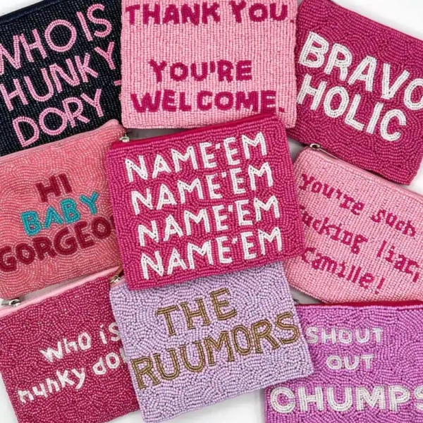 Real Housewives Coin Purse BRAVO Merch Bravoholic Pink Beaded Bag Preppy Beaded Wallet Change Purse, RHOBH Gifts Housewives Beverly Hills