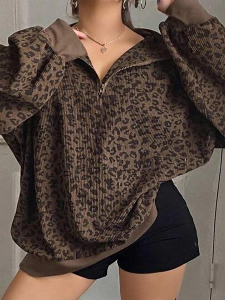Dazy Plus Plus Size Women Zip-Up Leopard Print Long Sleeve Pullover Hoodie, Street Style Sweatshirt Fall/Winter
