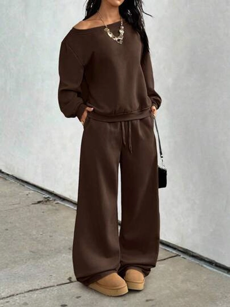 GLOpass Casual Solid Color Off-Shoulder Loose Sweatshirt And Pants Two Pieces Set For Women, Versatile For Daily Wear, Autumn/Winter