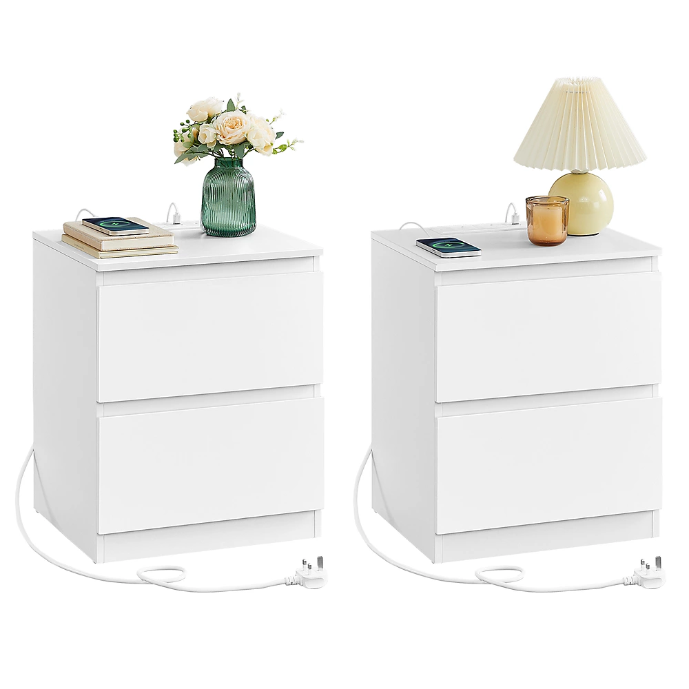 VASAGLE Set of 2 Nightstands with Charging Station, Bedside Tables with Drawers, Side End Tables, for Bedroom, White
