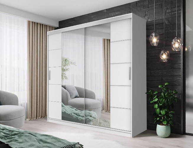 FHIF DALLAS 203cm White Sliding Door Wardrobe Modern Bedroom Storage with Full Length Mirror Shelves and Hanging Rails