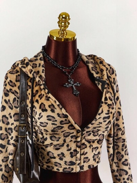 Amplova Women's Leopard Print Cropped Thermal Lined Hooded Sweatshirt, Autumn/Winter Fashion Hoodie