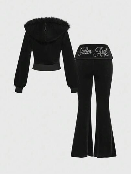 ROMWE Grunge Punk Y2K Velvet Rhinestone Graphic Cropped Hoodie & Low-Rise Flare Pant2 Piecesce Set For Women - Size S