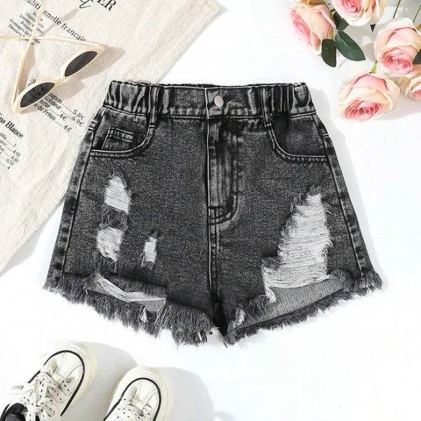 SHEIN Tween Girls Loose Fit Denim Shorts with Pink Bow