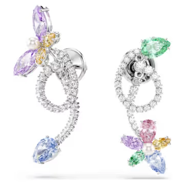 Ariana Grande x Swarovski drop earrings with ear jacket, Mixed cuts, Dragonfly, Flower, Multicolored, Rhodium plated