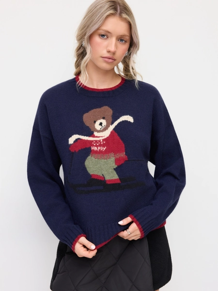 Knit Happy Bear Round Neck Contrasting Trim Sweater