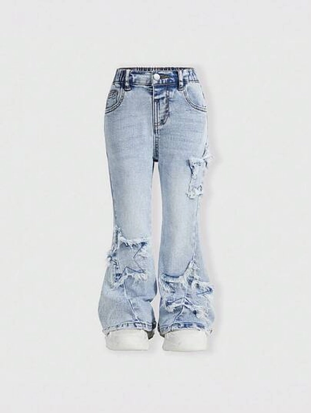 SHEIN Young Girls' Fashionable Summer Embroidered Denim Flare Pants, School, Campus, College