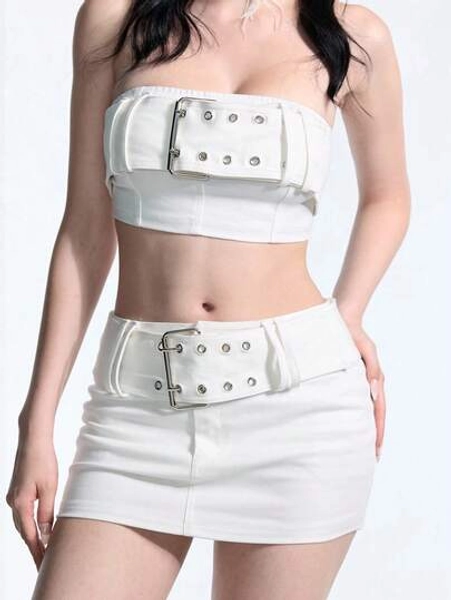Sweetness Y2K Sexy Exaggerated Metallic Waist Belt Decor 2 Pieces Set For Women - Size L