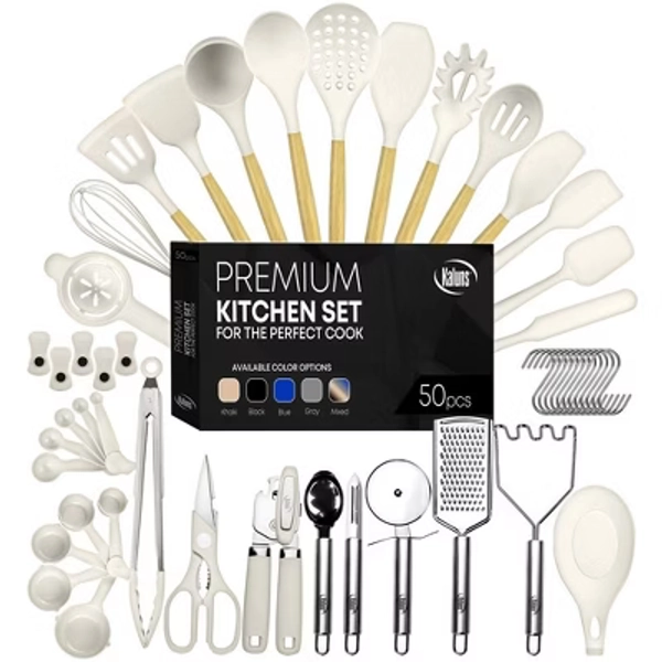 Kaluns Kitchen Utensils Set, 50 Piece Silicone And Stainless Steel Cooking Utensils, Dishwasher Safe and Heat Resistant Kitchen Tools, Khaki