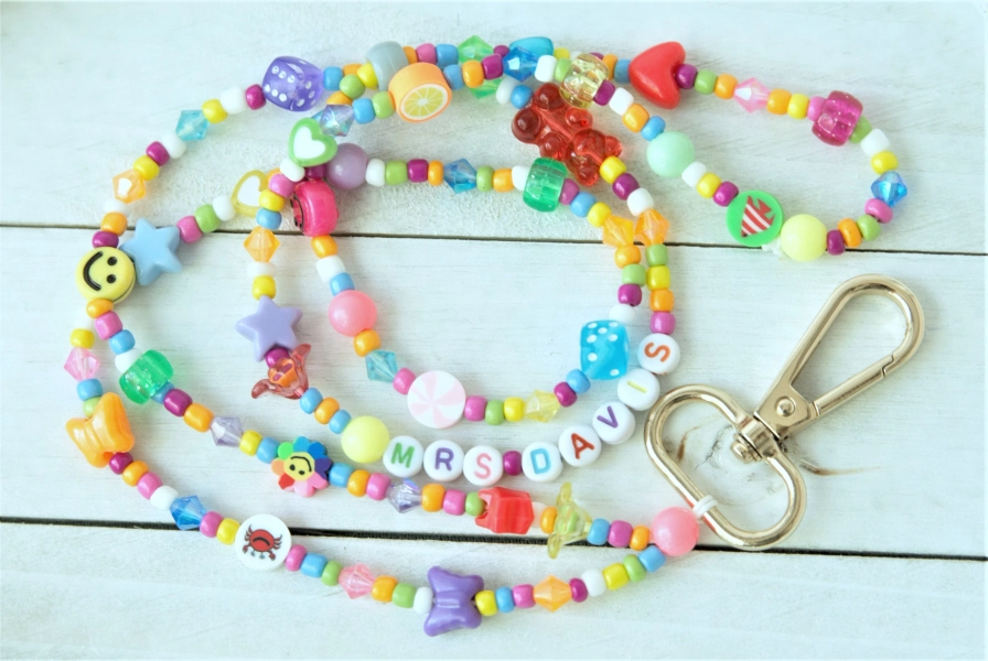 Teacher Lanyard, Personalized Lanyard, Acrylic Beaded Lanyard, Glass Beads, Teacher, Badge Holder, Colorful Bubble Gum Beads, Y2K Necklace