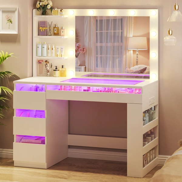 Vanity Desk With Lighted Mirror & Glass Top