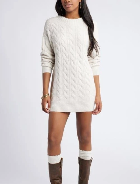 BP. Cable Long Sleeve Sweater Dress in Beige Oatmeal Light Heather at Nordstrom, Size Medium