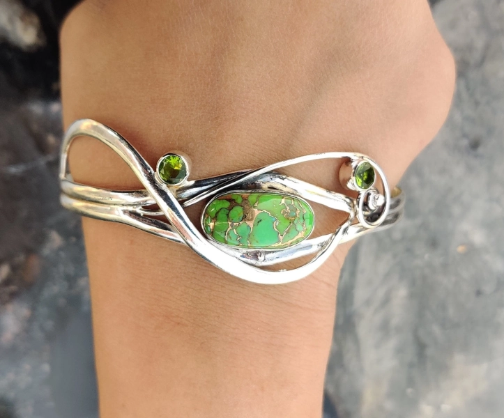 Green Copper Turquoise Bangle: Handmade 925 Sterling Silver Adjustable Bracelet