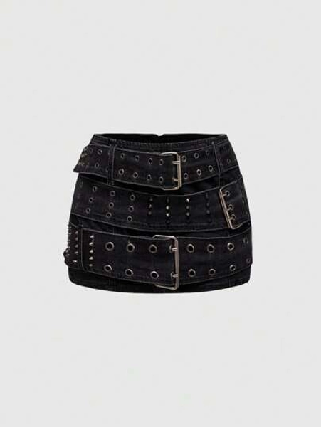ROMWE Grunge Punk Spring/Summer Casual Black Y2K Vintage Punk Heavy Metal Rivet Grommets Decor Women Denim Mini Skirt - Size XXS
