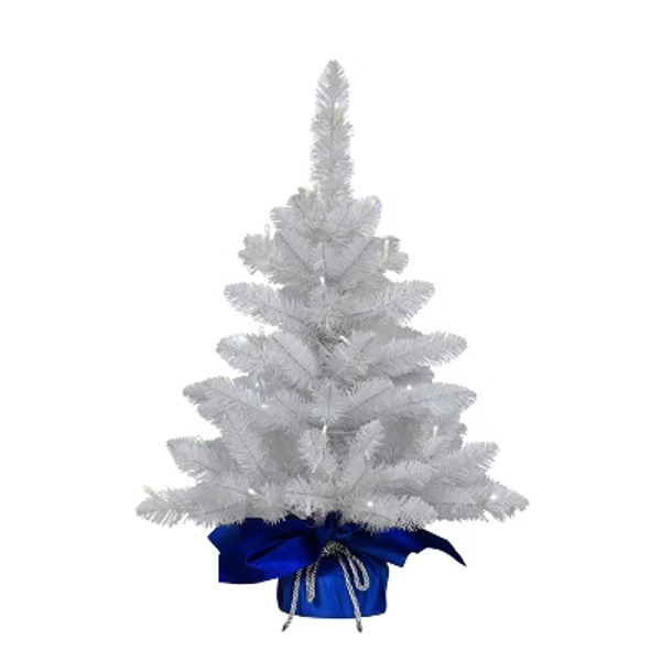 2ft Puleo Pre-Lit White Tabletop Artificial Christmas Tree Blue Fabric Base Clear Lights