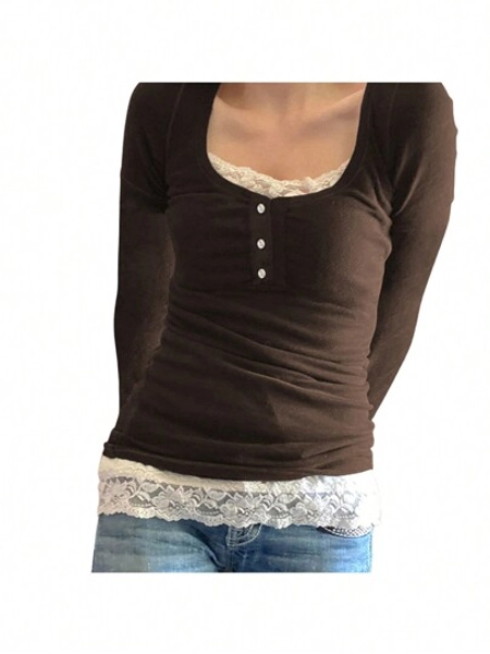 Women Fashion Lace Stitching T-Shirt Long Sleeve Sweet Temperament Shirts Square Neck Spring Fall Tops