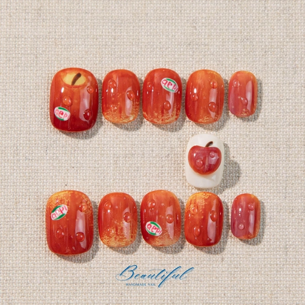 Hand Painted Apple Press-On Nails: 3D Fruit Nail Design