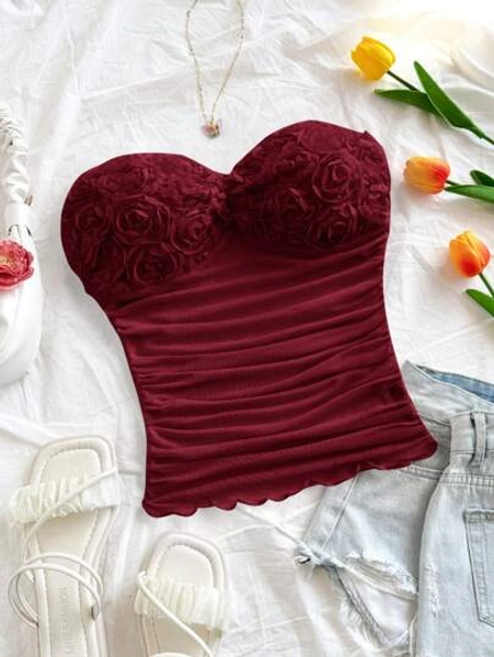 Soleia Women's Plain Ruched 3D Rose Bandeau Crop Top Valentine Day Summer For Women Tube Top