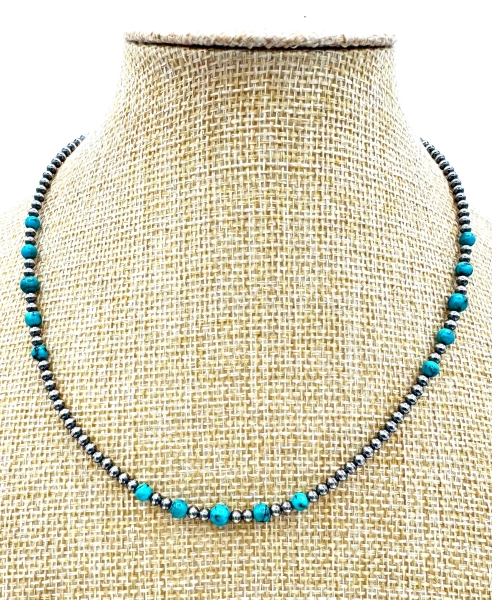 3/4/5/6mm Turquoise & Silver pearl Necklace (16'')