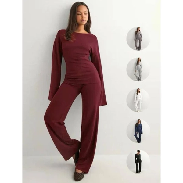 Women's Round Neck Flare Long Sleeve Top & Elastic Waist Straight Leg Pants Set