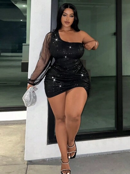 Slaydiva SLAYR Plus Elegant Party Sequin Mesh Patchwork Bodycon One-Shoulder Mini Dress, Plus Size
