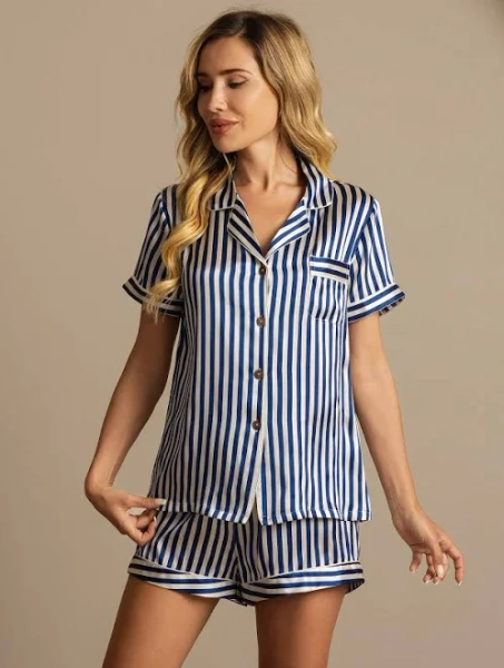 SilkSilky Women's Silk Pajama Set Two-Piece Allover Striped Print