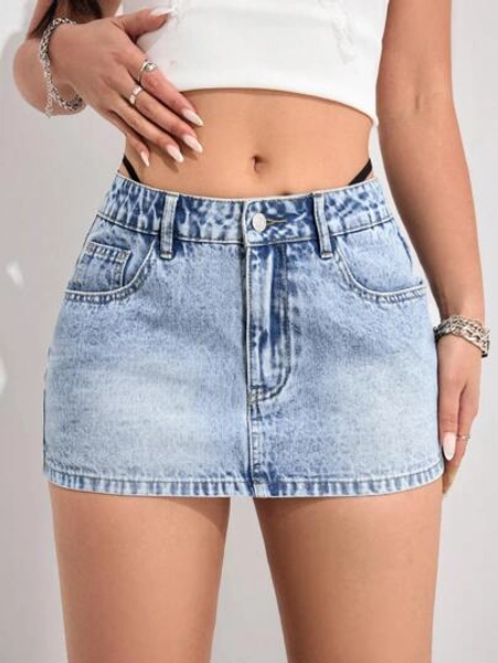SHEIN PETITE Women's Casual Denim Skirt, Minimalist Fashion For Daily Wear Y2k