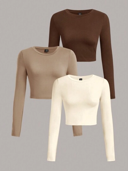 SHEIN EZwear 3pcs/Set Casual Solid Color Versatile Round Neck Long Sleeve Fitted Women T-Shirts, Suitable For Spring & Autumn