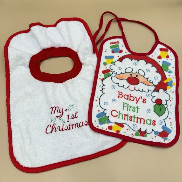 Vintage My First Christmas Baby Feeding Bib Lot Of 2 Santa USA Made 1980s
