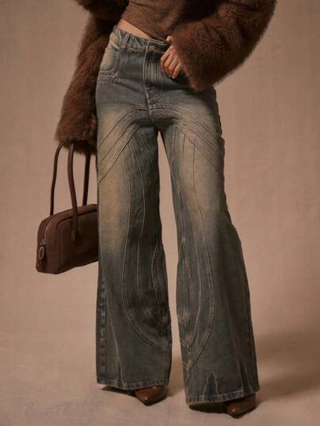 MUSERA Stitching Loose Fit Jeans, Spring 90's Y2k Casual Cute Espresso Western Concert Festival Fall Autumn Winter Nashville Fall Autumn Back To School Office Work Thanksgiving Chic