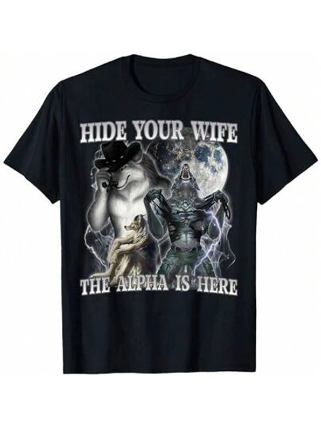 Retro Hide Your Wife The Alpha Is Here Funny Wolf Meme Men T-Shirt Oversized Short Sleeve Classic Heavy Cotton T Shirt Printed Graphic Tee Women's Casual Short-Sleeved Top - Size XXXL